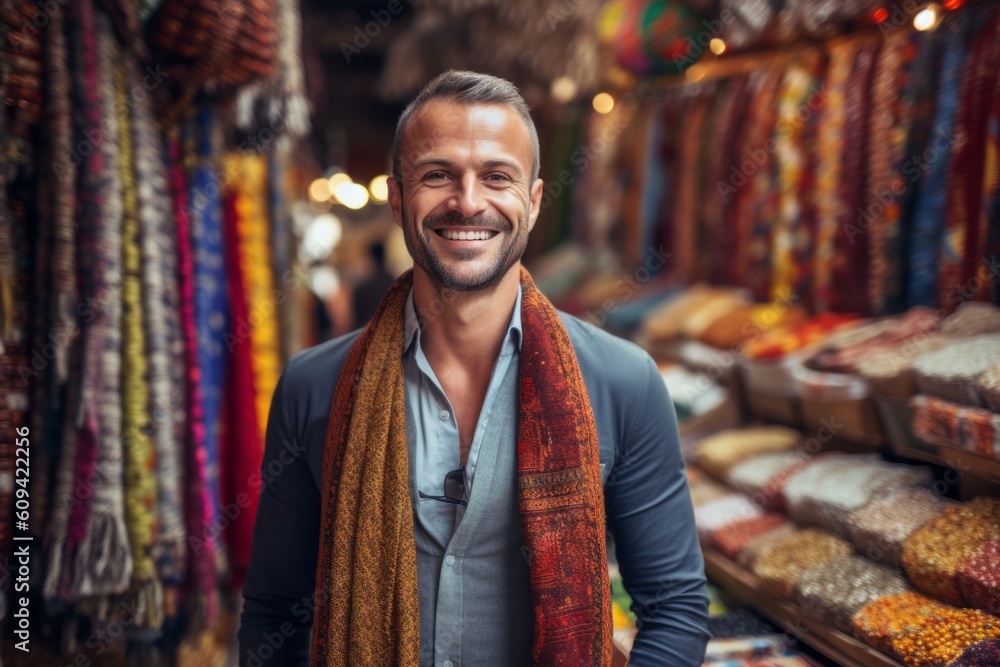 Portrait of a smiling middle-aged man with a colorful scarf at the market