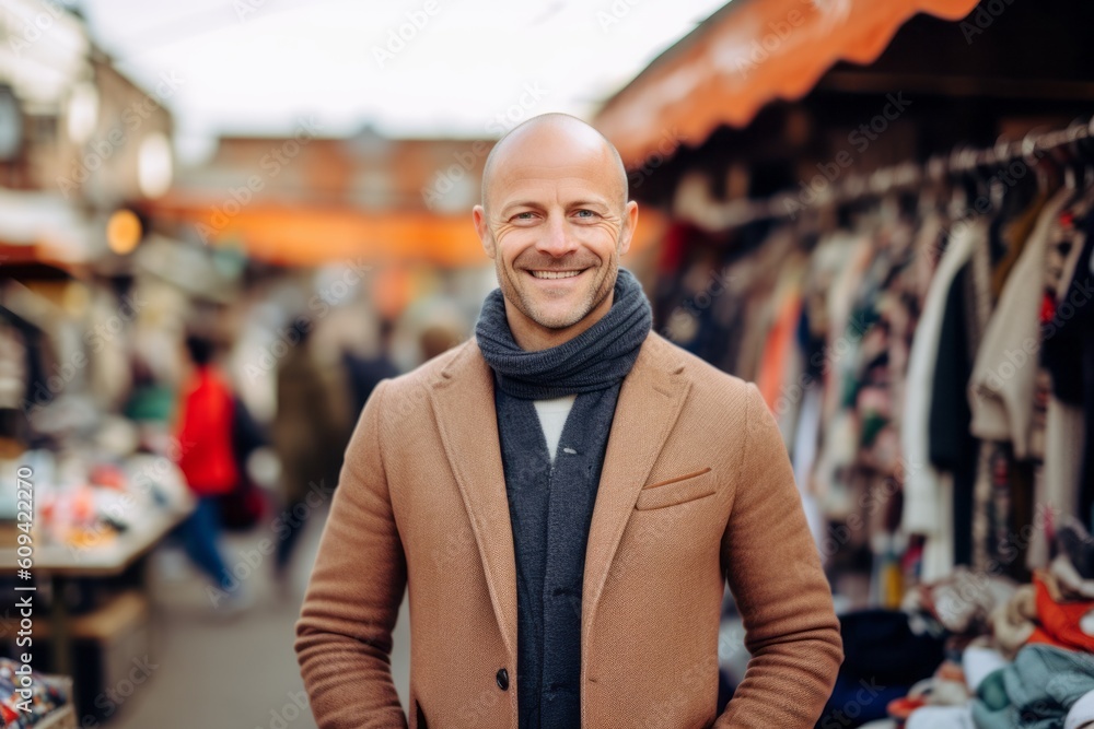 Portrait of a smiling middle-aged man in a coat and scarf on the street market Portrait of a smiling middle-aged man in a coat and scarf on the street market