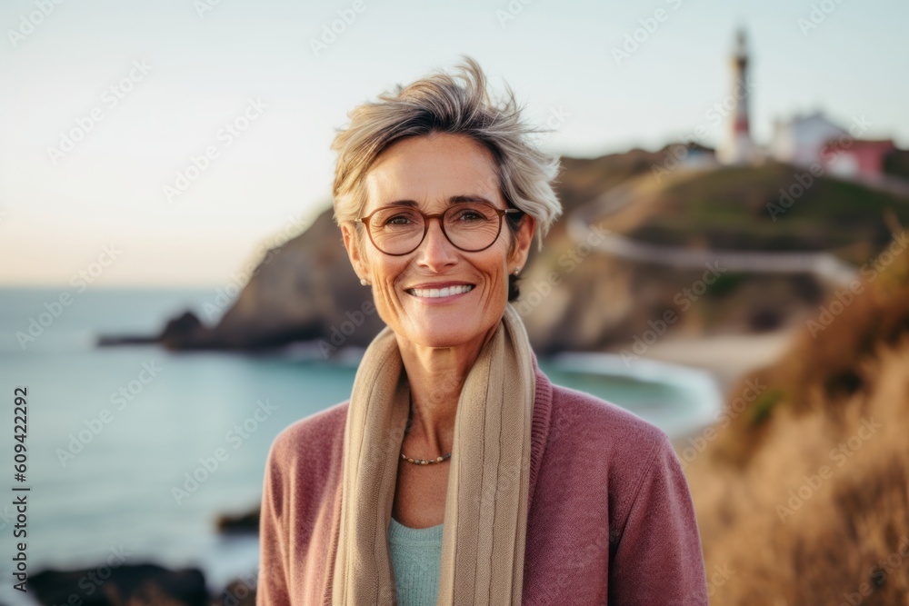 Portrait of smiling senior woman with eyeglasses standing at seaside Portrait of smiling senior woman with eyeglasses standing at seaside