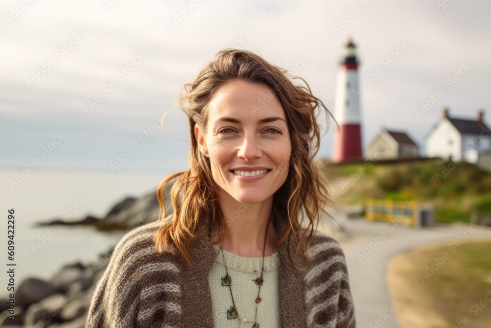 Portrait of smiling woman standing in front of a lighthouse on a sunny day Portrait of smiling woman standing in front of a lighthouse on a sunny day