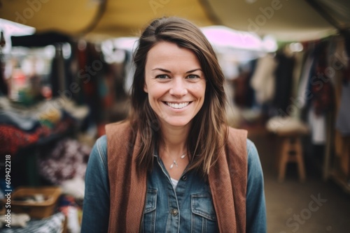 Medium shot portrait photography of a cheerful woman in her 30s that is wearing a chic cardigan against a bustling outdoor flea market background . Generative AI