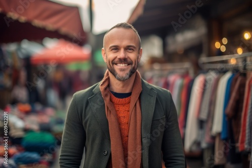 Medium shot portrait photography of a cheerful man in his 30s that is wearing a chic cardigan against a bustling outdoor flea market background . Generative AI