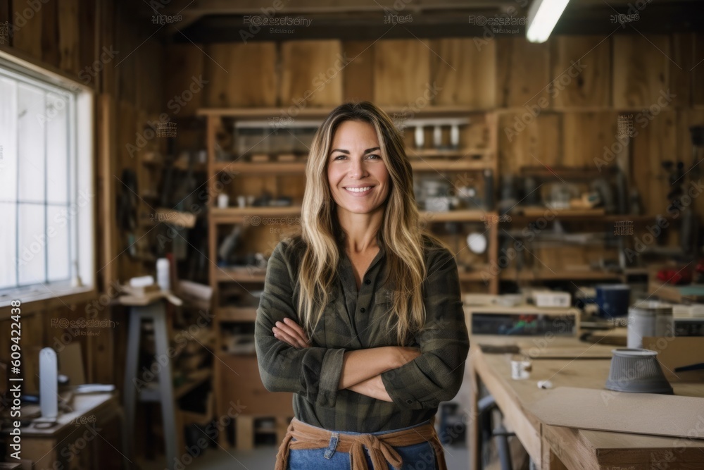 Portrait of smiling female carpenter standing with arms crossed in workshop