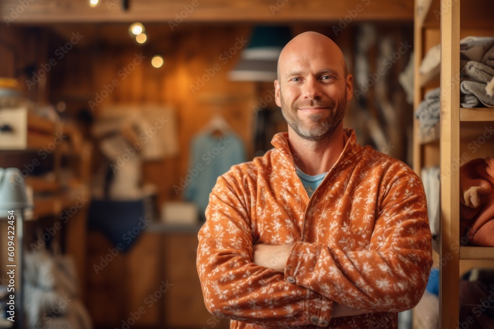 Portrait of a smiling mature man in a clothing store standing with folded arms Portrait of a smiling mature man in a clothing store standing with folded arms