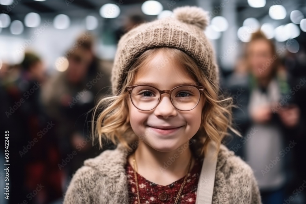portrait of smiling little girl in eyeglasses at shopping mall portrait of smiling little girl in eyeglasses at shopping mall