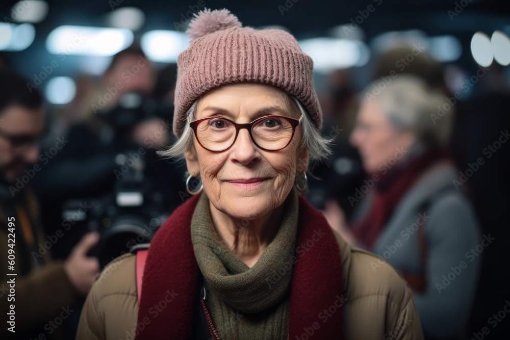Portrait of a senior woman in a hat and scarf with a camera in her hand Portrait of a senior woman in a hat and scarf with a camera in her hand