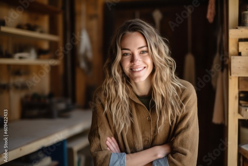 Portrait of a smiling young woman standing with her arms crossed in a workshop