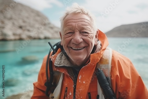 Senior man in a life jacket with a hiking backpack on the seashore