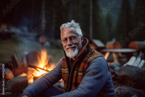 Medium shot portrait photography of a satisfied man in his 60s that is wearing a chic cardigan against a remote wilderness campground with a roaring campfire background . Generative AI © Hanne Bauer