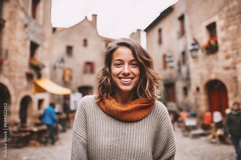 Portrait of a happy young woman walking in the old town.