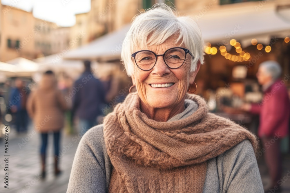 Portrait of smiling senior woman with eyeglasses at Christmas market Portrait of smiling senior woman with eyeglasses at Christmas market