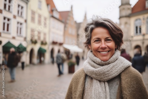 Portrait of a smiling middle-aged woman standing in the old town of Nuremberg, Germany