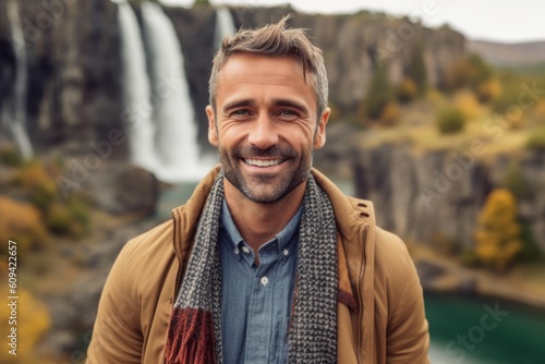 Portrait of a handsome smiling man standing in front of a waterfall
