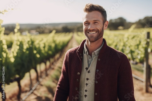Portrait of a handsome young man standing in vineyard and smiling