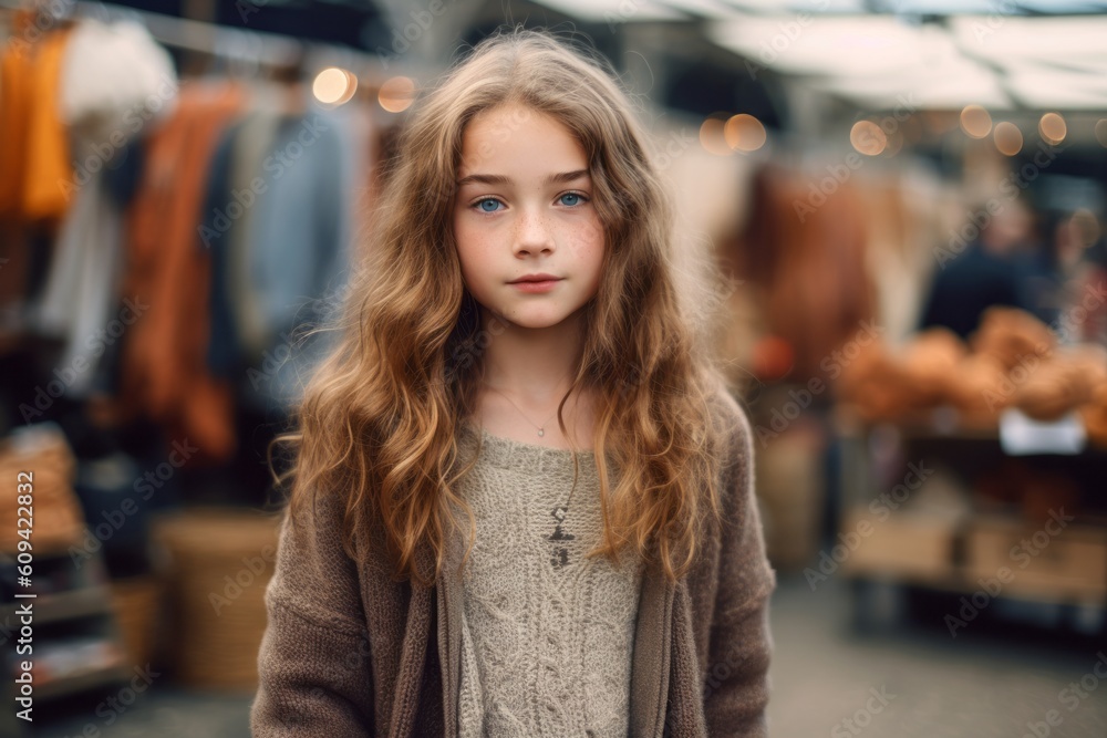 Portrait of a beautiful girl with long hair in a brown sweater on the street.