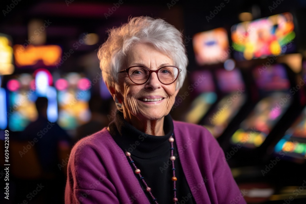 Portrait of a smiling senior woman playing slot machine in a casino