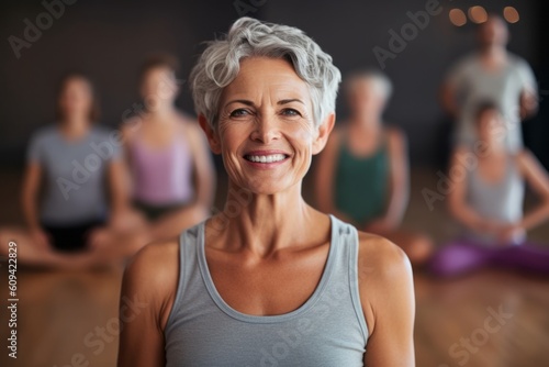 Medium shot portrait photography of a pleased woman in her 50s that is wearing knee-length shorts against a serene yoga class setting with participants practicing background . Generative AI