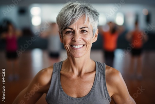 Portrait of smiling senior woman in fitness studio with arms outstretched