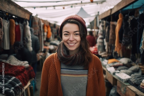 Portrait of a smiling young woman in a knitted hat and scarf at the market