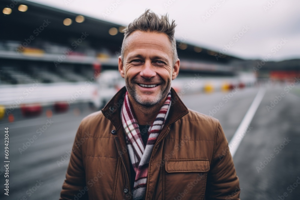 Portrait of a handsome man smiling while standing in a race track