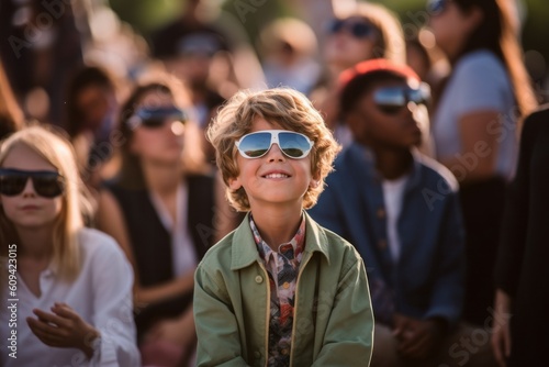 Portrait of a boy in sunglasses on the background of the crowd