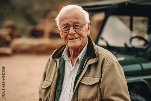 Portrait of a senior man standing in front of safari car