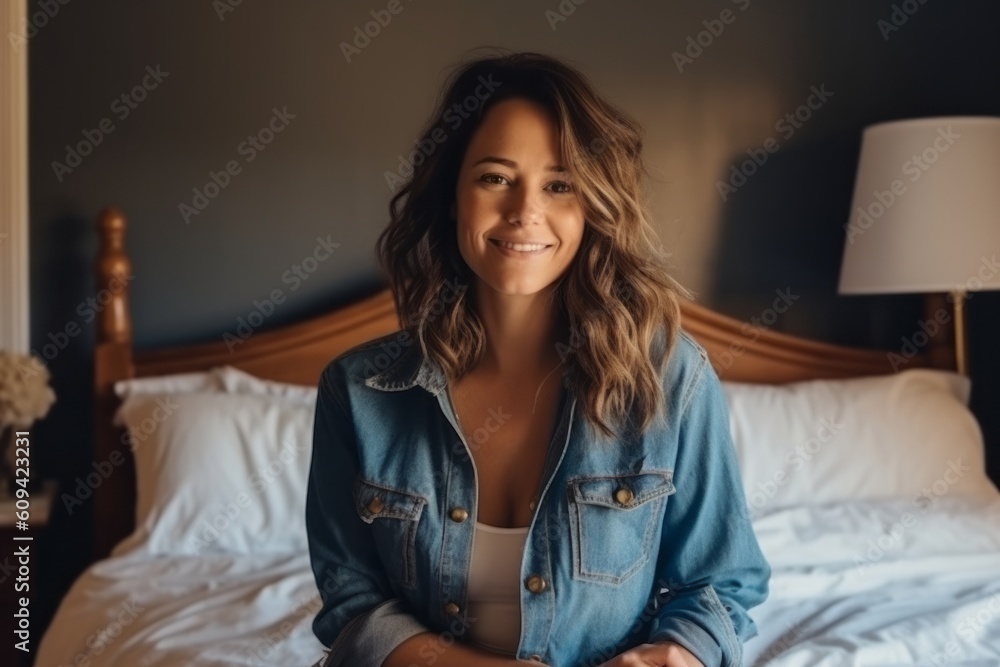 Portrait of a beautiful young woman smiling and looking at camera while sitting on the bed at home Portrait of a beautiful young woman smiling and looking at camera while sitting on the bed at home