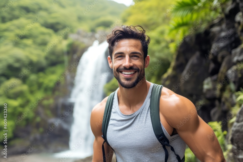 Medium shot portrait photography of a pleased man in his 20s that is wearing a sporty tank top against a scenic hiking trail with a waterfall in the distance background . Generative AI Medium shot portrait photography of a pleased man in his 20s that is wearing a sporty tank top against a scenic hiking trail with a waterfall in the distance background . Generative AI