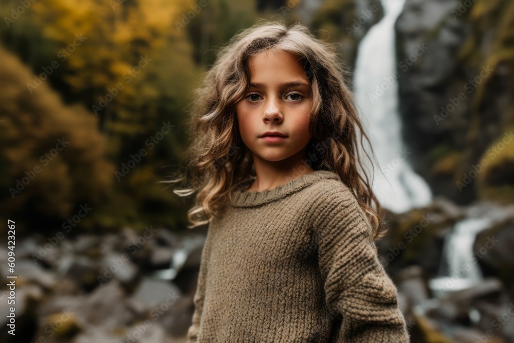 Portrait of a beautiful little girl in a sweater against the background of a waterfall Portrait of a beautiful little girl in a sweater against the background of a waterfall