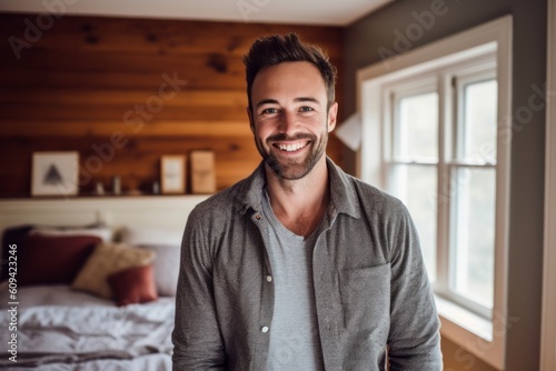 Portrait of handsome man smiling at camera while standing in bedroom at home
