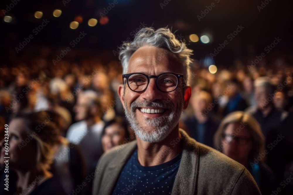 Medium shot portrait photography of a satisfied man in his 50s that is wearing a chic cardigan against a crowded concert hall during a live performance background . Generative AI Medium shot portrait photography of a satisfied man in his 50s that is wearing a chic cardigan against a crowded concert hall during a live performance background . Generative AI