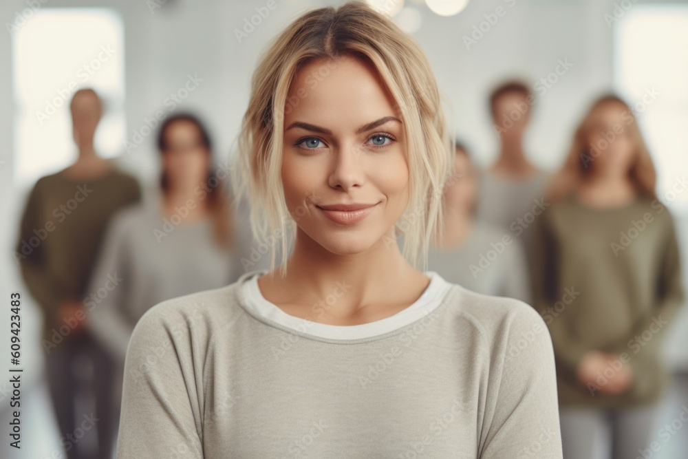 Portrait of a beautiful young woman standing in front of her colleagues