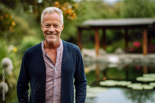 Medium shot portrait photography of a satisfied man in his 50s that is wearing a chic cardigan against a tranquil koi pond with fish and water lilies background . Generative AI