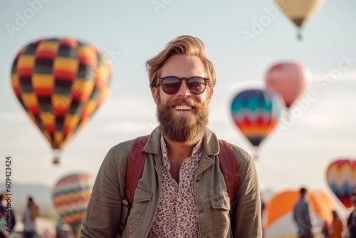 Handsome man with beard and sunglasses on the background of hot air balloons