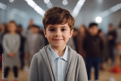 Portrait of a cute little boy in a gray coat looking at the camera