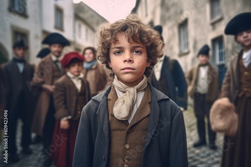 Portrait of a little boy dressed in historical costume. He is standing on the street.