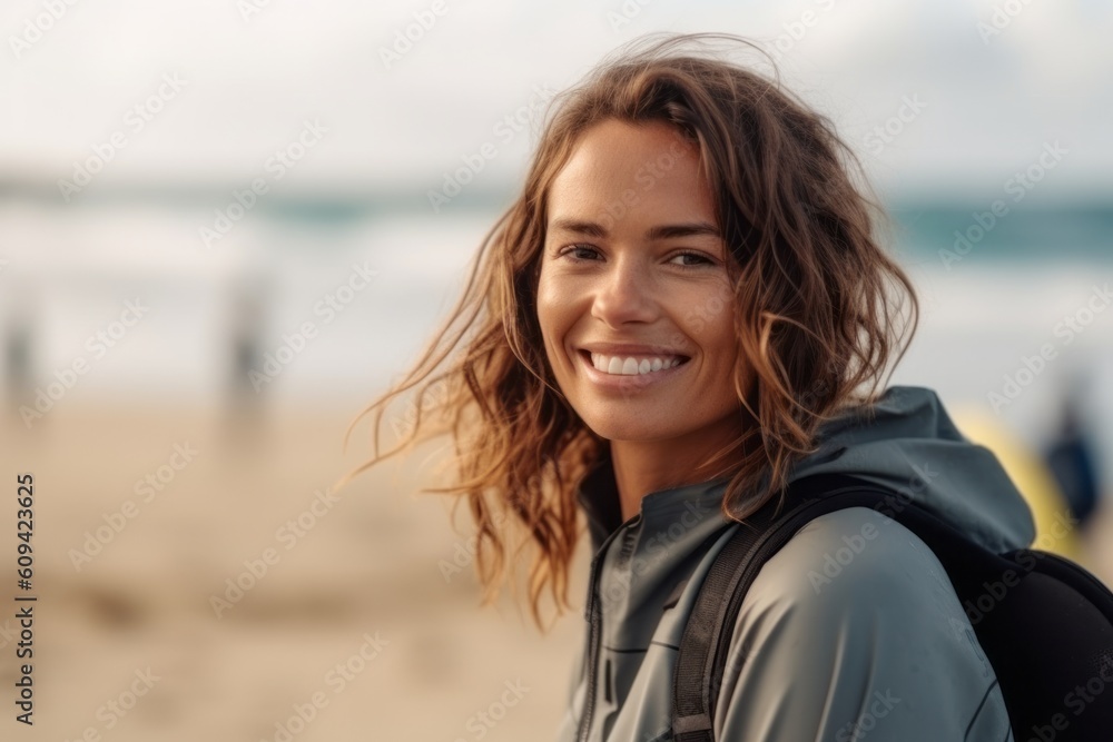 Portrait of a smiling young woman with backpack on the beach.