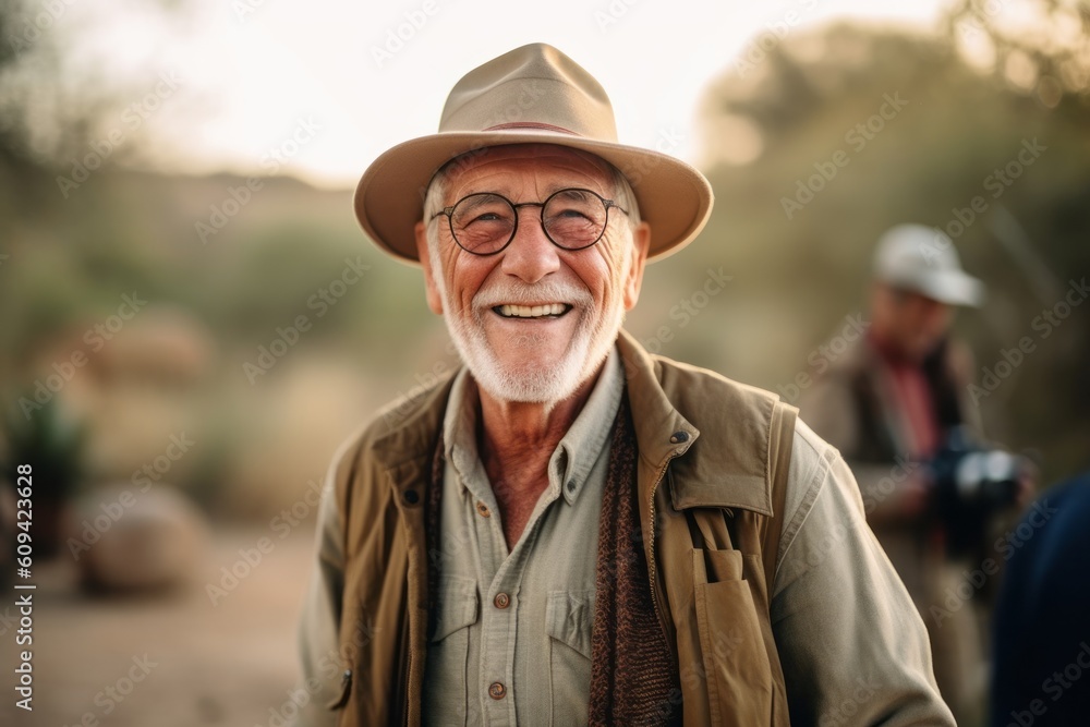 Portrait of senior man in hat and glasses looking at camera and smiling while hiking in nature