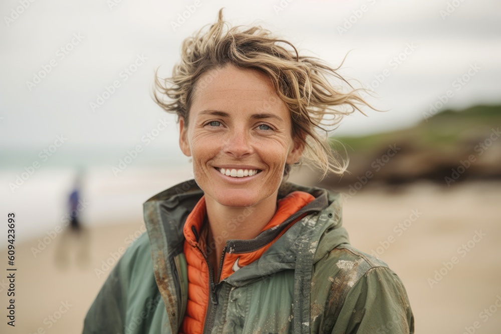 Portrait of happy mature woman standing on beach and looking at camera