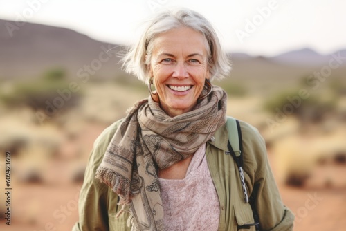 Portrait of happy senior woman standing in the desert on a sunny day