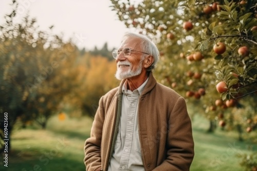 Medium shot portrait photography of a tender man in his 80s that is wearing a chic cardigan against a sunlit apple orchard with ripe apples on trees background . Generative AI