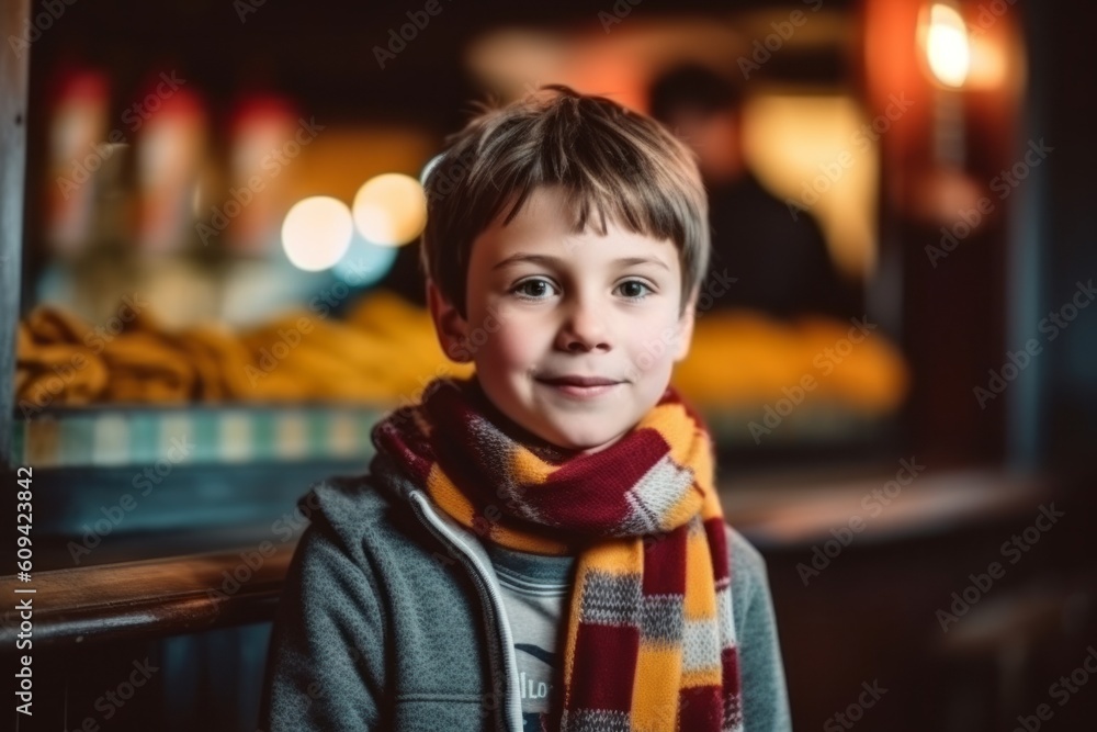 Medium shot portrait photography of a pleased child male that is wearing a charming scarf against a raucous soccer fan's bar during a major match background . Generative AI