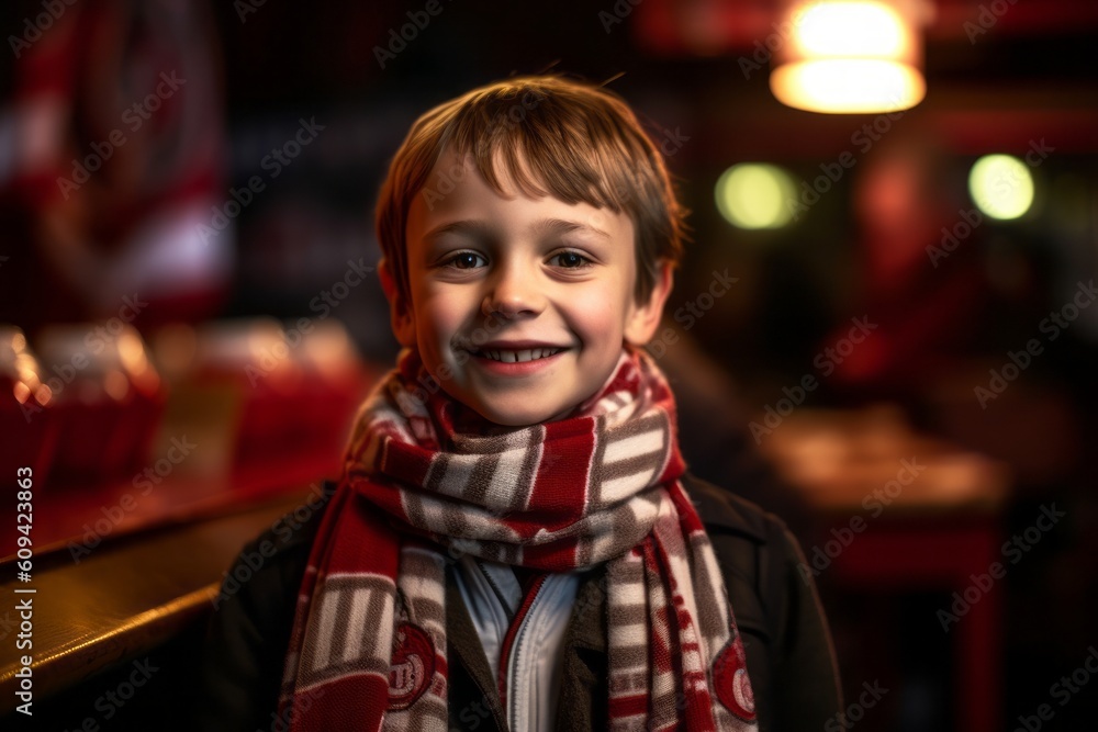 Portrait of a smiling little boy in a red scarf at a restaurant Portrait of a smiling little boy in a red scarf at a restaurant