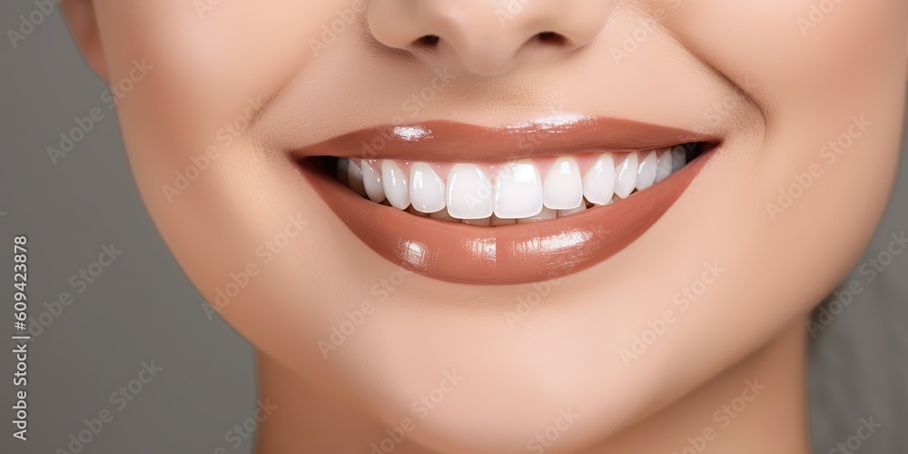 Fototapeta premium AI Generated. AI Generative. Perfect shite teeth beautiful girl smile. Dantist health care promotion. Graphic Art