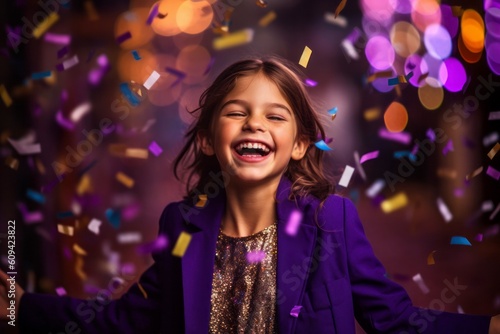 happy little girl with confetti celebrating birthday at night club or party