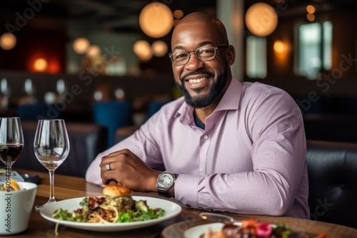 Medium shot portrait photography of a pleased man in his 40s that is wearing a chic cardigan against a beautifully plated gourmet meal being served background . Generative AI