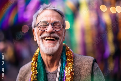 Portrait of a senior man with glasses and a colorful scarf.