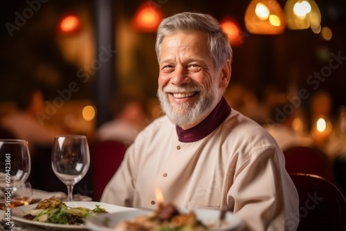 cheerful senior man having dinner at restaurant or cafe and smiling