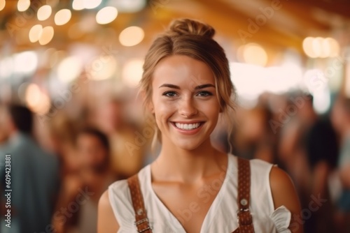 Portrait of a young smiling woman in a shopping center. Blurred background.
