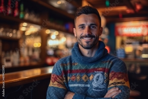 Portrait of smiling man standing with arms crossed at counter in pub